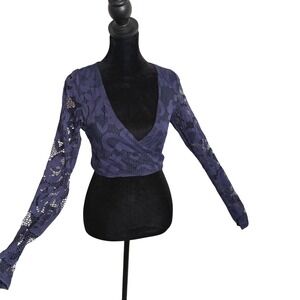 Runaway Lace Crop Top Womens XS Blue Floral Surplice Wrap Whimsigoth Fairy